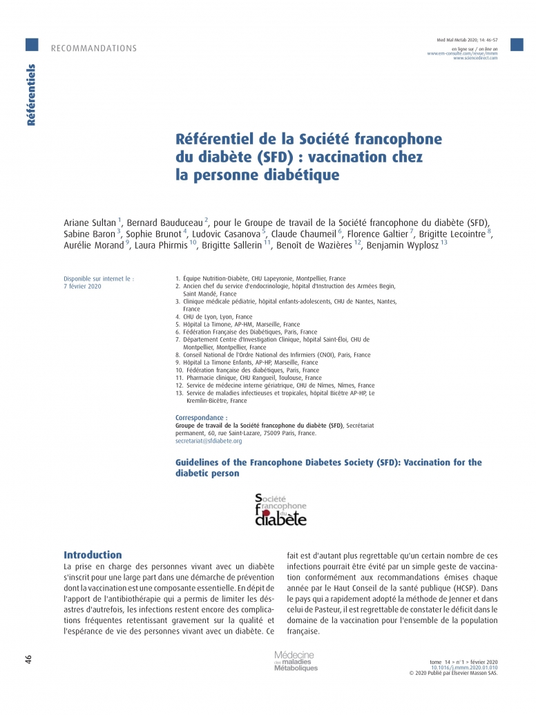 Référentiel de la Société francophone du diabète (SFD) : vaccination chez la personne diabétique