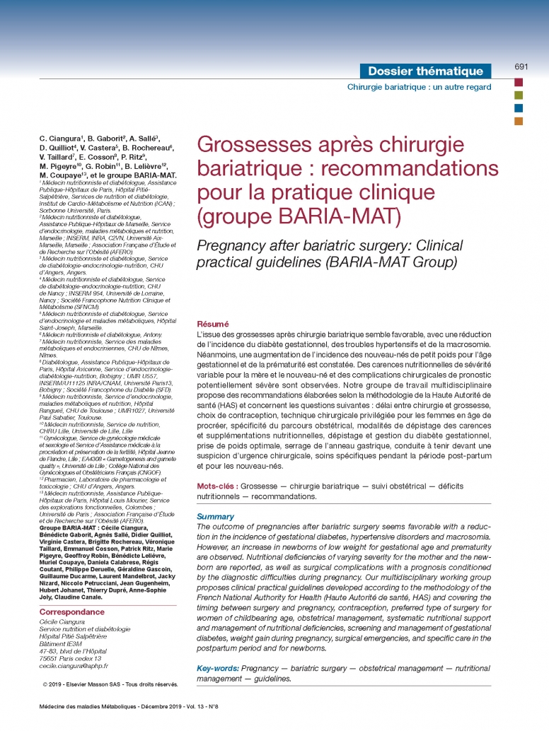 Grossesses après chirurgie bariatrique recommandations pour la pratique clinique