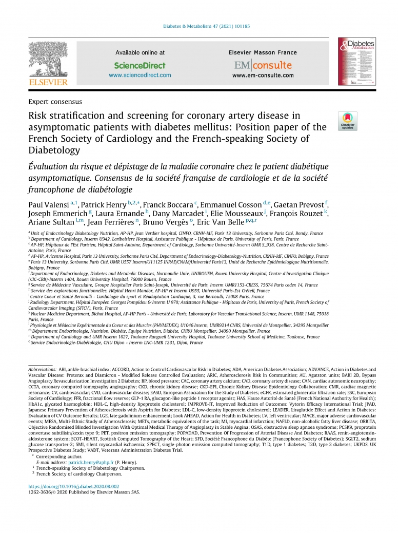 Recommandations SFDSFC sur le dépistage de l’ischémie myocardique