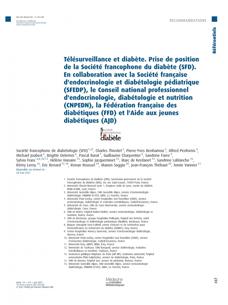 Télésurveillance et diabète. Prise de position de la SFD, en collaboration