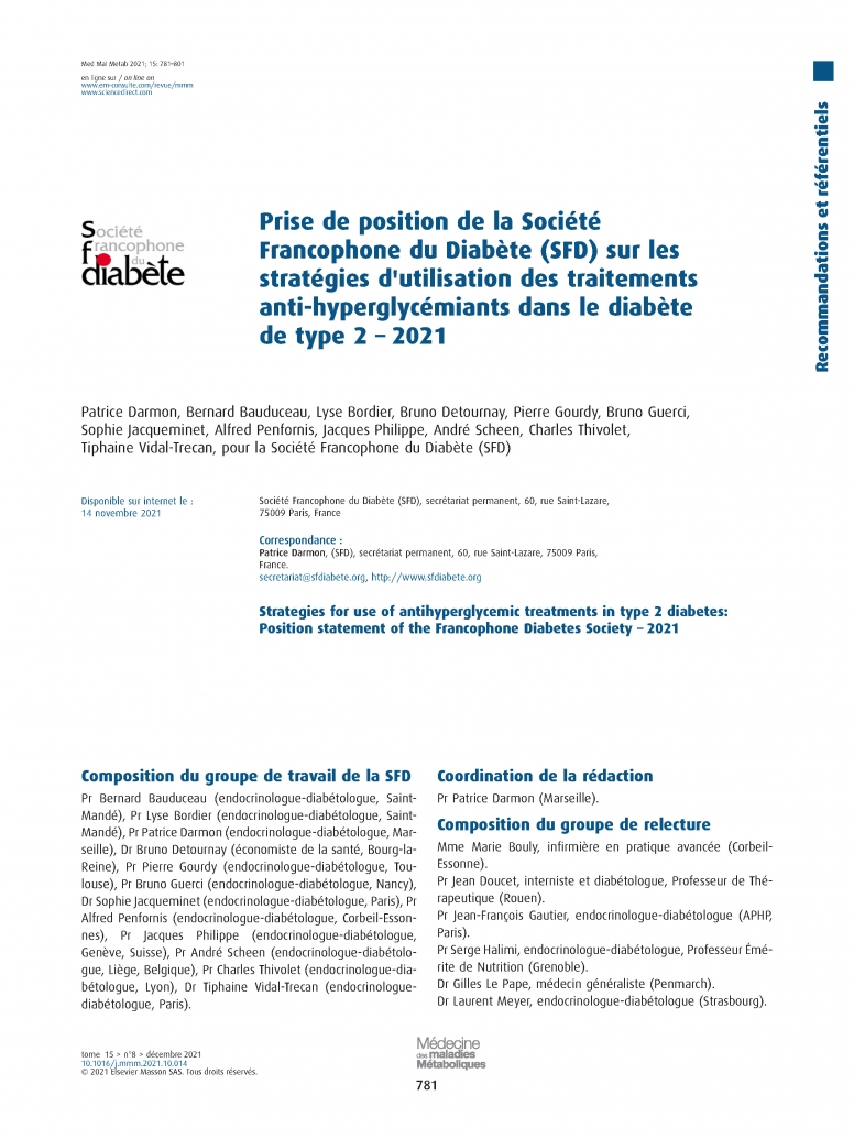 Prise de position de la SFD sur les stratégies d'utilisation des traitements anti-hyperglycémiants dans le diabète de type 2