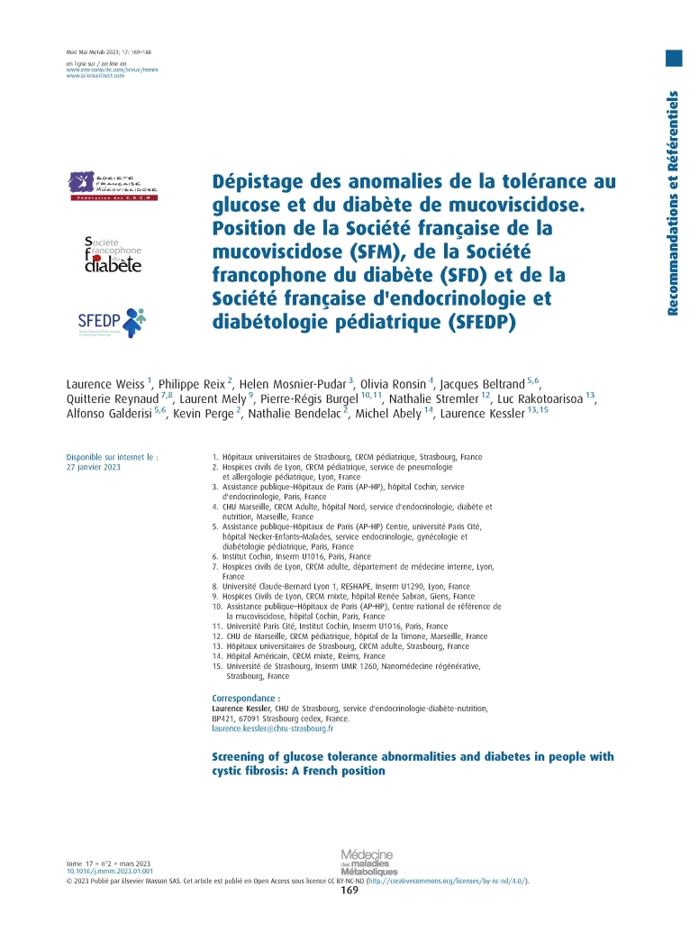 Dépistage des anomalies de la tolérance au glucose et du diabète de mucoviscidose. Position de la SFM, de la SFD et de la SFEDP