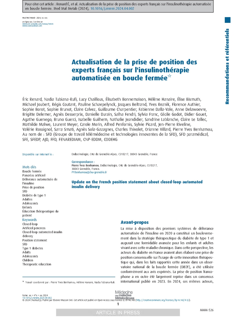 Actualisation de la prise de position des experts français sur l'insulinothérapie automatisée en boucle fermée